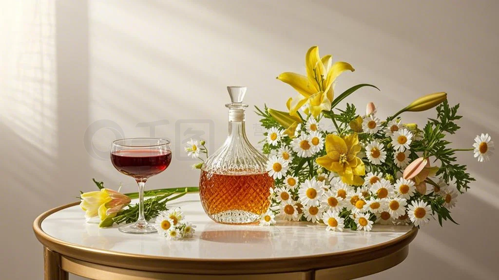 红酒杯与雏菊 情人节家居的优雅定格